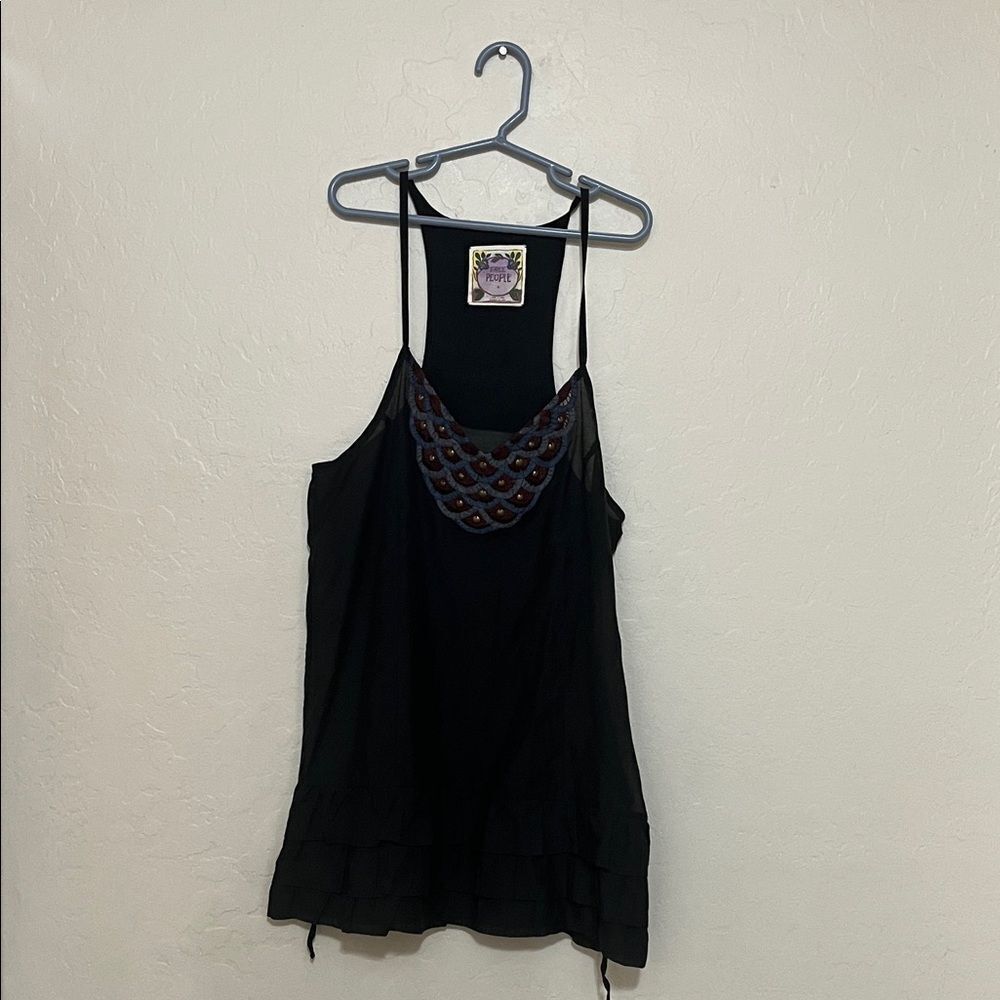 Free People Black Embroidered Detail Ruffle Bohemian Top